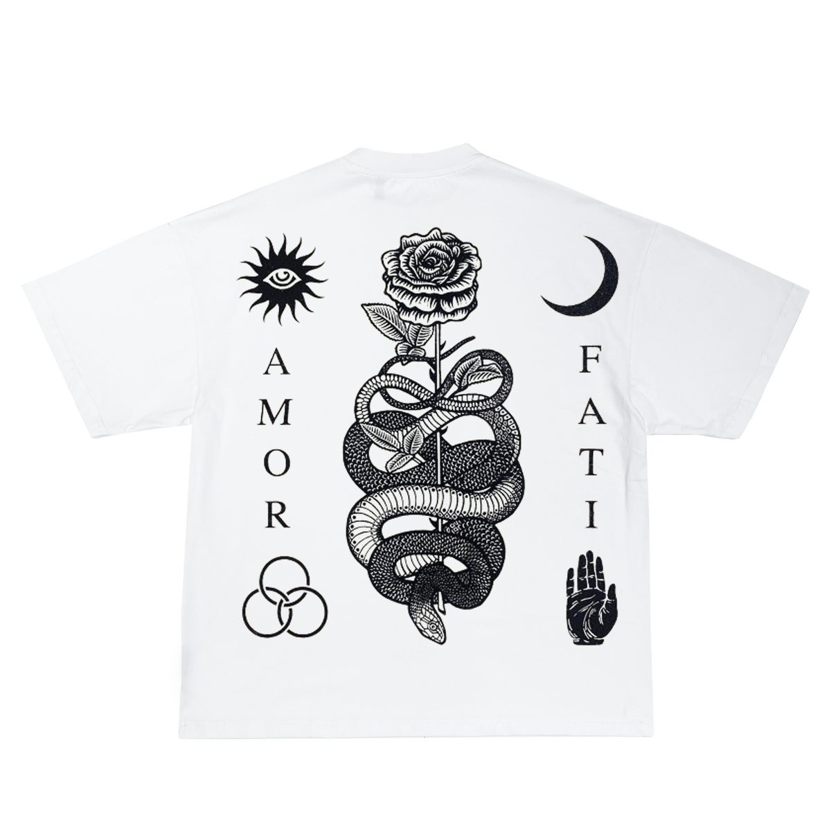 White short-sleeve T-shirt with black graphic prints on the front, including a central snake wrapped around a rose, a sun with an eye, a crescent moon, a hand, and vertical text reading AMOR and FATI.