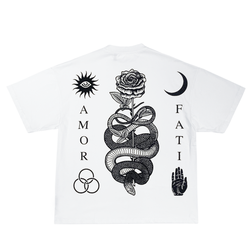 White short-sleeve T-shirt with black graphic prints on the front, including a central snake wrapped around a rose, a sun with an eye, a crescent moon, a hand, and vertical text reading AMOR and FATI.